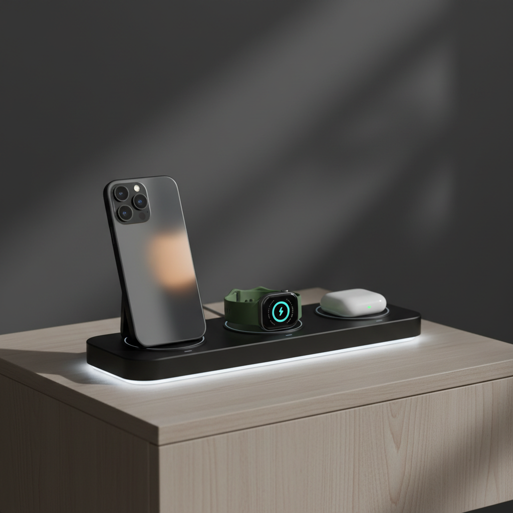 Suporte de carregamento wireless 3-em-1 carregando smartphone, smartwatch e earbuds