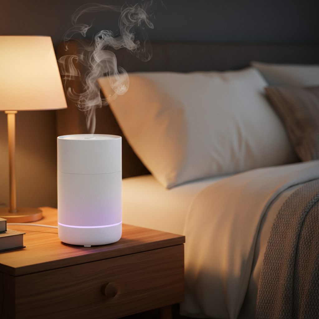 Humidificador ultrassônico com LED roxo soltando vapor em quarto aconchegante