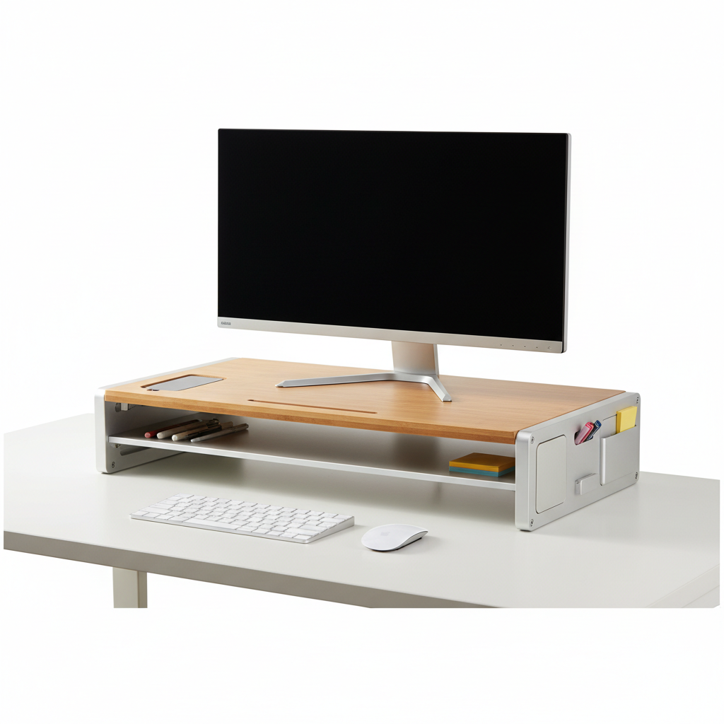 Suporte magnético para monitor em bambu com organizador de mesa integrado